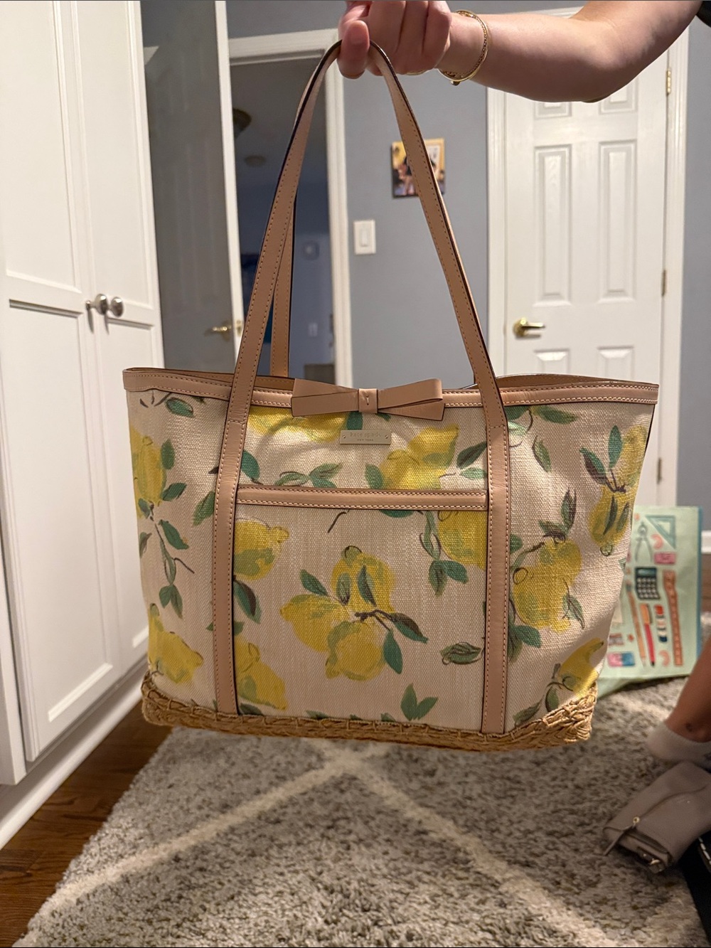 Kate Spade Canvas Lemon Print Tote Bag with Tan Trim